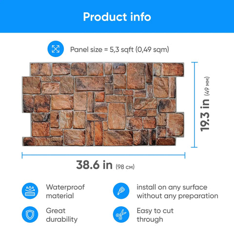 3D Faux Stone Wall Panels Non Adhesive PVC Covering 50 Sq Ft For Home And Office Decor, brown panel dimensions of 38.6 by 19.3 inches