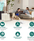 Living room with a humidifier, 1043 Super Wick Humidifier Filter 2 Pack Replacement For Essick Air AirCare and icons highlighting features.
