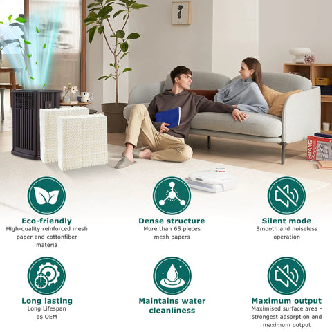 Living room with a humidifier, 1043 Super Wick Humidifier Filter 2 Pack Replacement For Essick Air AirCare and icons highlighting features.