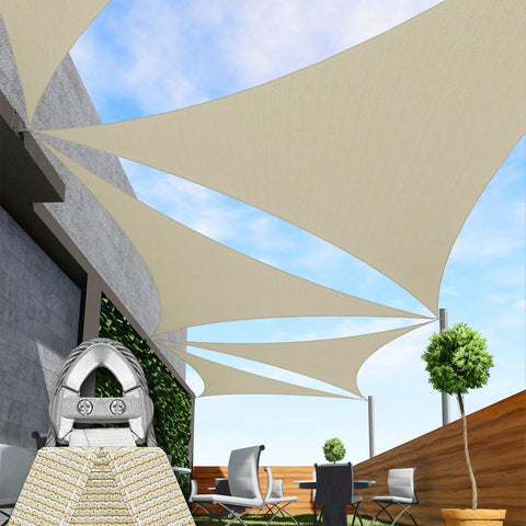Beige 24 By 24 By 24 Sun Shade Sail With A Ring Wire Rope Triangle for deck and patio, made of breathable 260 GSM HDPE fabric.