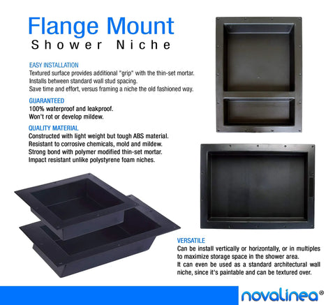 Large Double Shower Niche Recessed Storage Ready To Tile 25In X 17In X 3.75In Dual Shelves Built In displayed on a promotional flyer.