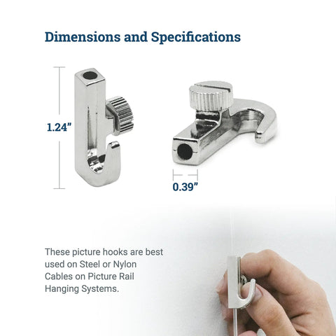 Adjustable Gallery Picture Rail Hooks for Art Hanging System, 10 Pack, showing dimensions and in use on nylon cords.