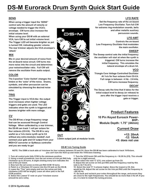 DS-M analog drum synth Eurorack module kit quick start guide with control labels for various settings and functions.