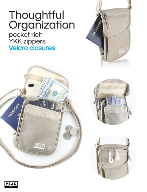 RFID Blocking Neck Wallet For Travel With Adjustable Crossbody Strap Theft Protection And Lost And Found Service Beige Durable Water Repellent Ripstop Nylon Your Go To Travel Must Have shown with passports and cash storage