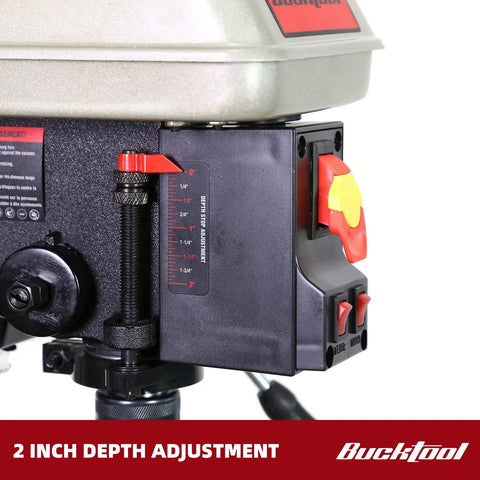 Close-up of 10 Inch Drill Press With 6.2 Amp Induction Motor Three Quarter Horsepower Benchtop Drill Press showing depth adjustment
