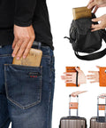 Passport Holder Wallet With RFID Blocking Leather Card Case in grey fits in back pocket and travel bag, shown with luggage clip.