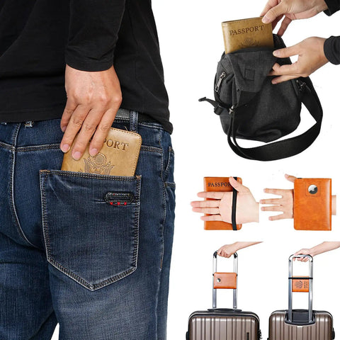 Passport Holder Wallet With RFID Blocking Leather Card Case in grey fits in back pocket and travel bag, shown with luggage clip.