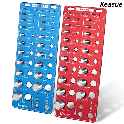 56-piece thread checker set with blue standard and red metric panels for nut-and-bolt sizing; imperial/metric gauges