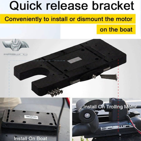 Quick release bracket for Pro Grade Electric Trolling Motor 80 Lbs Thrust, install on boat and motor, shown in detailed views.
