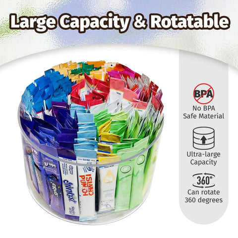 4 Compartment Drink Packet Organizer With 360 Degree Turntable Rotating Lazy Susan displaying colorful drink mixes