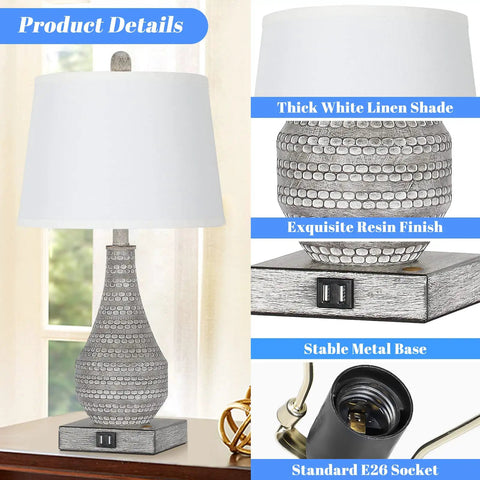 Cozy Rustic Bedside Lamp Set Of 2 With Touch Dimmer And USB Ports, White Resin Body, Thick Shade, E26 Socket, Vase Style