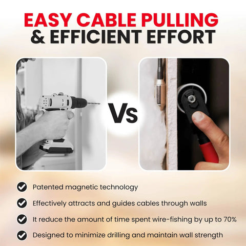 Comparison of cable installation methods; XP1000-LC Magnetic Wire Puller versus drill, highlighting efficiency and strength retention.