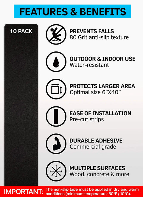 6x40 Inch Stair Treads Non Slip Outdoor Tape 10 Pack Black Anti Slip Strips benefits and specifications list