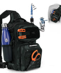 BlowBak Tactical Sling Tackle Bag Lightweight Fishing Backpack with fishing gear, MOLLE, and water bottle on white background
