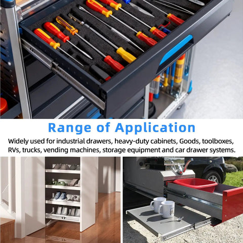 Beefy Heavy Duty Drawer Slides 22 Inch Long, 53 mm Wide, 2.1 Inches Full Extension 3 Fold, Ball Bearing, Side Mount in various applications.