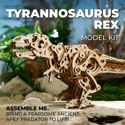 T Rex 3D Wooden Puzzle Kit for Adults With Mechanical Walking Motion DIY Dinosaur Model Automaton Kit built on display