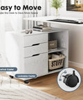 Lateral File Cabinet With Rolling Drawers, Three Drawer Under Desk Storage Printer Stand in White, shown with lockable wheels and open shelf.