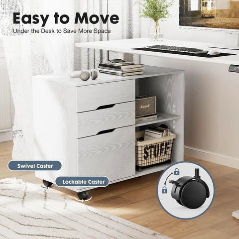 Lateral File Cabinet With Rolling Drawers, Three Drawer Under Desk Storage Printer Stand in White, shown with lockable wheels and open shelf.