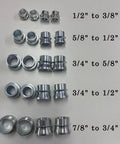 Rock Solid High Misalignment Spacers Converting Three Quarter To One Half Inch Rod Ends And Heim Joints Heavy Duty Steering Linkage Bushings With Slick Fit Four Pack detailed view of metal spacers for various bore sizes.