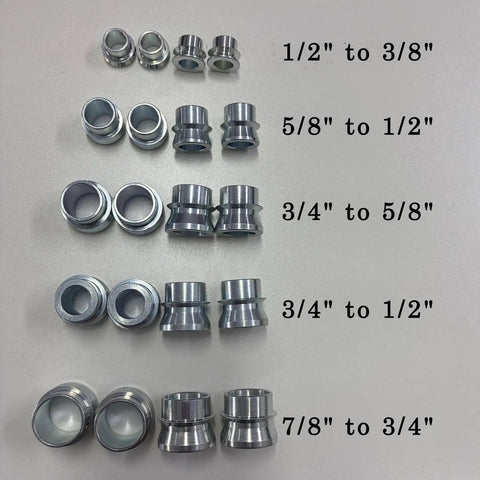 Rock Solid High Misalignment Spacers Converting Three Quarter To One Half Inch Rod Ends And Heim Joints Heavy Duty Steering Linkage Bushings With Slick Fit Four Pack detailed view of metal spacers for various bore sizes.