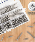 Ultimate Wood Screws Assortment Kit 220 Pcs 304 Stainless Steel Phillips Flat Head Screws in organizer on wooden surface