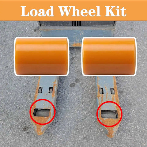 Premium GYUPTRK Load Wheel Kit For Toyota 8HBW23 Electric Pallet Jack Truck showing orange polyurethane wheels installed on pallet jack.