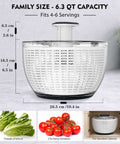 Big Ol 6.3 Qt Salad Spinner With Fully Removable Lid One Hand Press Pump Instant Stop Brake Button Retractable Handle Large Lettuce Dryer For Greens And Herbs Perfect For Family Meals And Meal Prep, showing size and capacity.