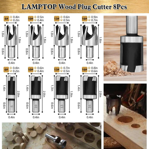 8-piece wood plug cutter set with measurements and wood samples