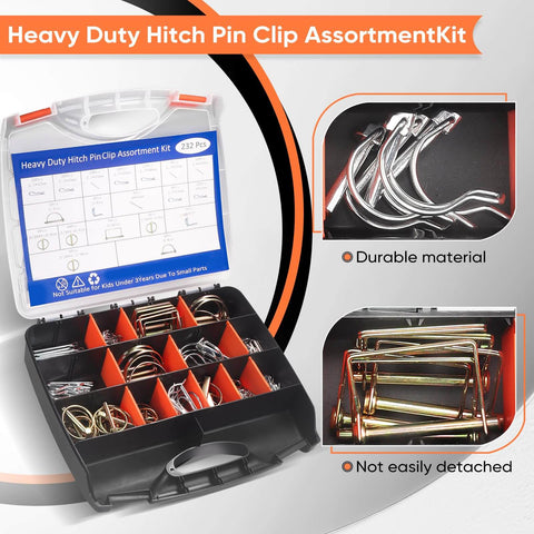 Rugged Hitch Pin And Trailer Pin Assortment Kit with case, including cotter, lynch, straight, arch, and tube pins for trailers.