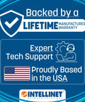 Graphic showing warranty and support info for Slim Cat6 Ethernet Patch Cable Kit, 10 Pack, backed by lifetime warranty, USA-based support.