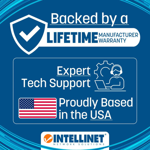 Graphic showing warranty and support info for Slim Cat6 Ethernet Patch Cable Kit, 10 Pack, backed by lifetime warranty, USA-based support.