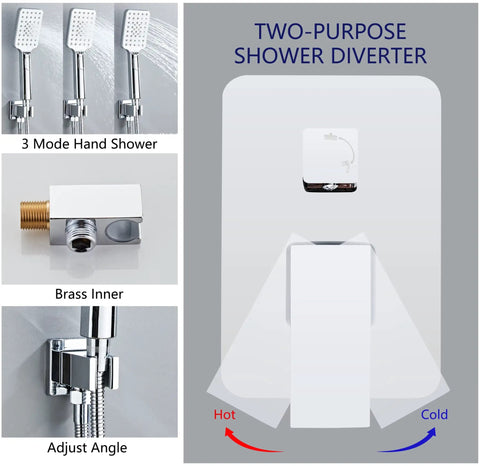 8 Inch Rain Shower Head And Handheld Dual Shower System With Wall Mount High Pressure Rainfall Experience Luxury Brushed Silver Shower Faucet With Valve And Trim No Fuss Install Shower Mixer Set components including 3 mode hand shower, brass inner, adjust angle, and two-purpose diverter.