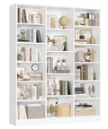 Triple Wide Bookshelf With Six Tier Storage And Seventeen Open Shelves In Pure White, stylish storage for decor and books.