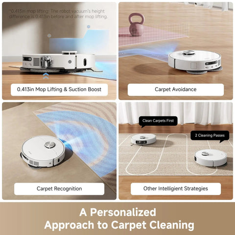 L40s Ultra AE Robot Vacuum And Mop With 19,000Pa Suction demonstrating carpet cleaning features in home setting