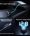 10FT Heavy Duty Waterproof DC Power Cable With Switch And Digital Volt Meter connected to a laptop, showcasing voltage display.