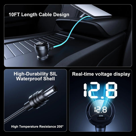 10FT Heavy Duty Waterproof DC Power Cable With Switch And Digital Volt Meter connected to a laptop, showcasing voltage display.