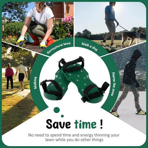Lawn aerator shoe and activities; gardening, walking a dog, and walking in snow for multitasking while aerating lawns.