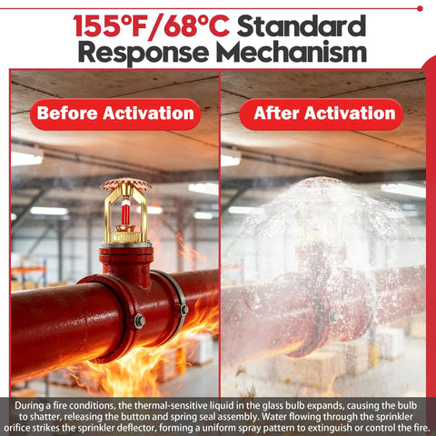 Heavy Duty Fire Sprinkler Head Two Pack Straight Up Reliable For House Or Store Upright Spray showing before and after activation.