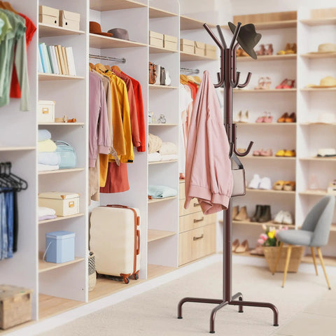 Standing Coat And Hat Rack With 12 Hooks Bronze Finish, Space Saving Organizer For Coats, Hats, Scarves, And Bags