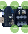 Open Golf Accessory Bag Organizer With Carabiner Clip showing pockets for phone, tees, balls, brush, and divot tool.