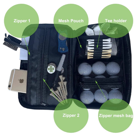 Open Golf Accessory Bag Organizer With Carabiner Clip showing pockets for phone, tees, balls, brush, and divot tool.