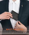 Man inserting Slim Leather Money Clip Wallet For Men With RFID Blocking Front Pocket Bifold Card Holder into suit pocket