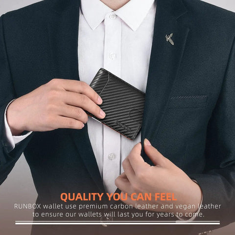 Man inserting Slim Leather Money Clip Wallet For Men With RFID Blocking Front Pocket Bifold Card Holder into suit pocket
