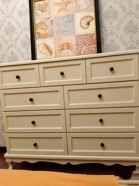 Ten Pack Round Wood Drawer Knobs Warm Red Brown Finish Mushroom Design Slick Cabinet Handles on cream dresser.