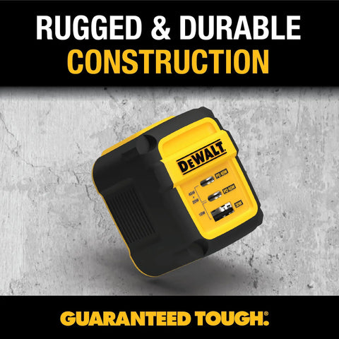 GaN 65W Three Port USB C Charger Block With PPS Fast Charge, yellow and black, rugged construction on a concrete texture background.