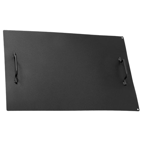 Flat black metal tool carrier attachment for Four Wheel Spreader And Garden Cart For Lawn Fertilizer Grass Seed And Compost Topdresser.