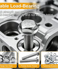 Metric Flange Bolt And Nut Kit 400 Piece Assortment With M6x1.0 M8x1.25 M10x1.5 Bolts Grade 8.8 Alloy Nuts And Washers 12mm To 45mm Lengths No Brainer DIY Home Projects Auto Shop Set. close-up flange hex bolt with washers and hardware set