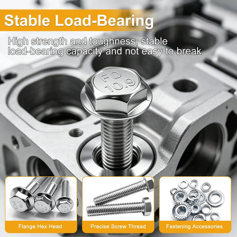 Metric Flange Bolt And Nut Kit 400 Piece Assortment With M6x1.0 M8x1.25 M10x1.5 Bolts Grade 8.8 Alloy Nuts And Washers 12mm To 45mm Lengths No Brainer DIY Home Projects Auto Shop Set. close-up flange hex bolt with washers and hardware set
