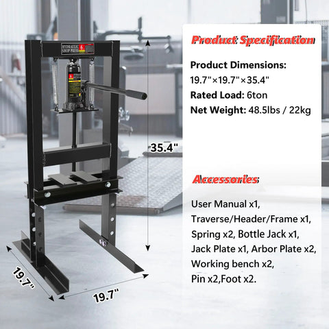 Beefy 6 Ton H Frame Hydraulic Shop Press With Adjustable Floor Stand Height Range Two To Nine Inches And Stamping Plates