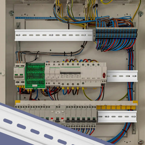 10 Pack DIN Mounting Rails High Slotted Extruded Metal Rail for hardware components in electrical panel setup.